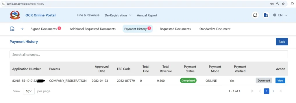 Screenshot of the online payment page for Nepal company registration fee