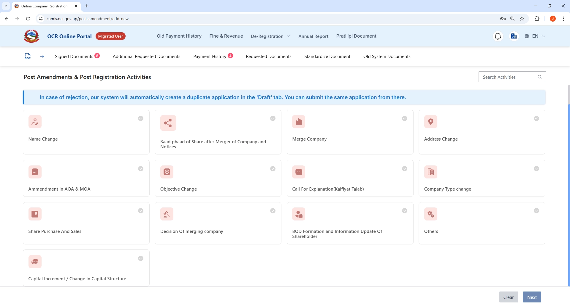 OCR portal dashboard showing 'Post Registration Activities' menu for company name change