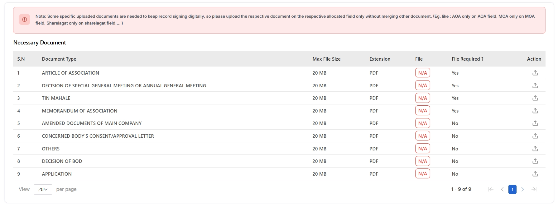 OCR portal document upload page for company name change application with MOA/AOA and resolution files