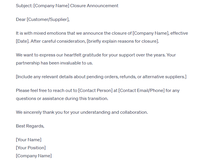 Sample Company Closure Announcement